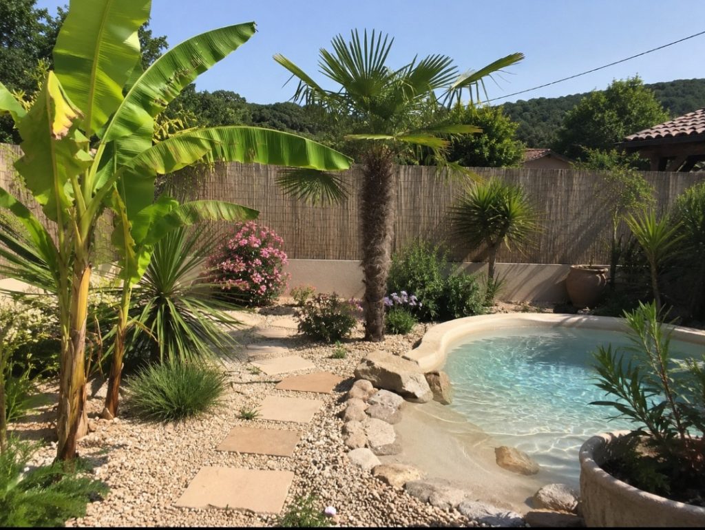 Jardin avec piscine et palmiers