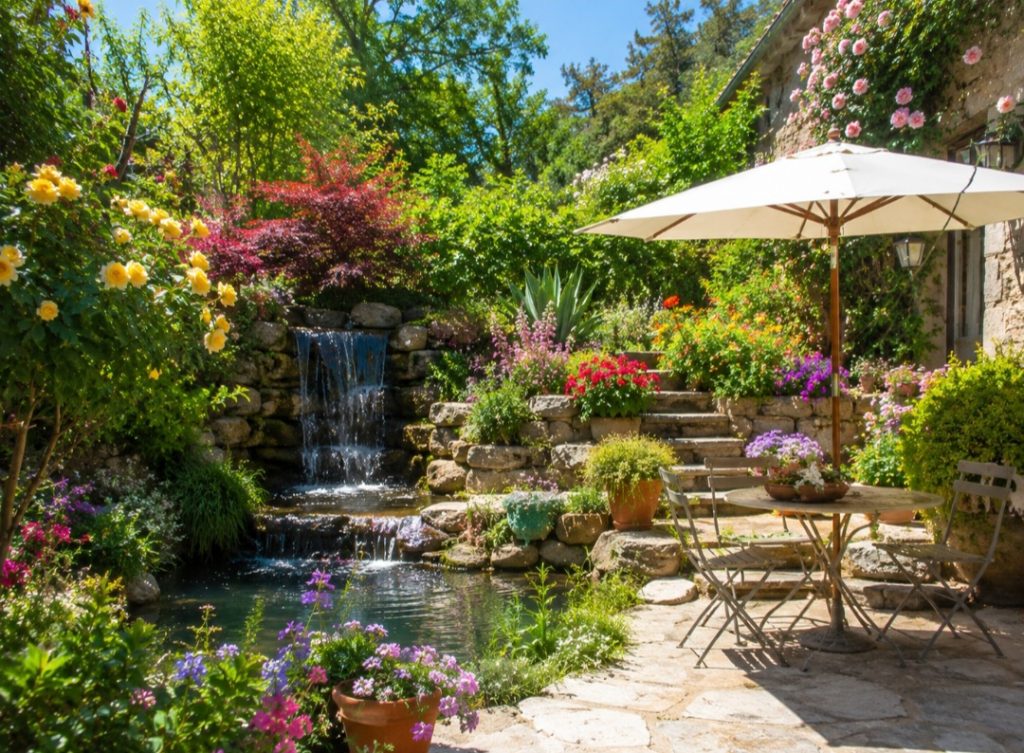Jardin fleuri avec cascade
