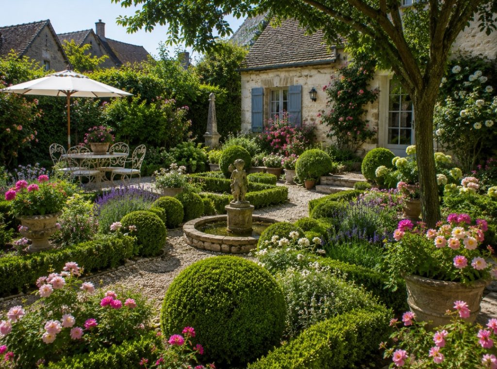 Jardin fleuri avec fontaine