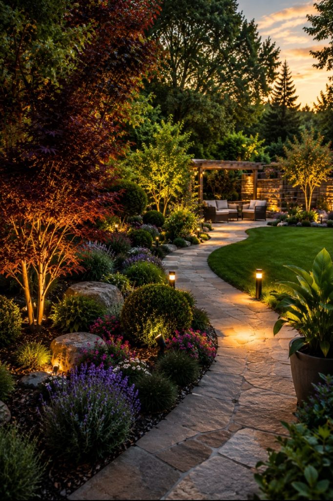 Jardin éclairé au crépuscule