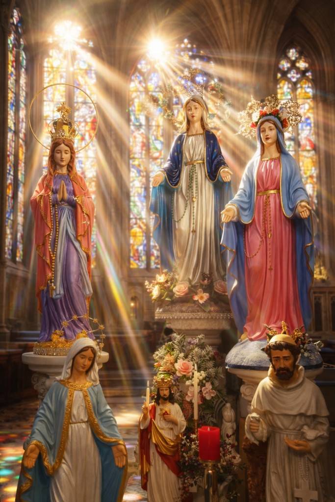 Statues religieuses colorées illuminées
