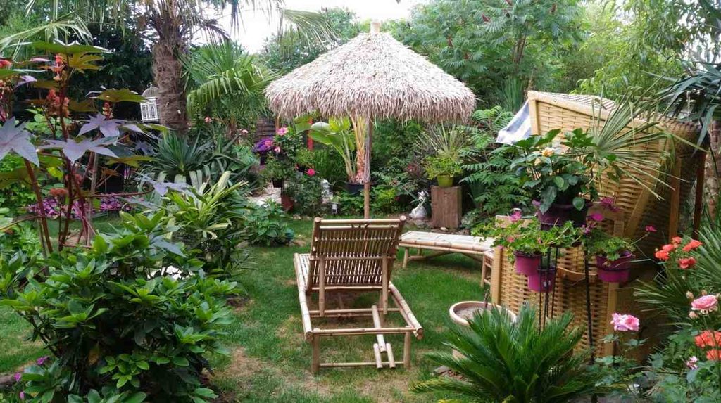 Jardin avec fauteuil et parasol